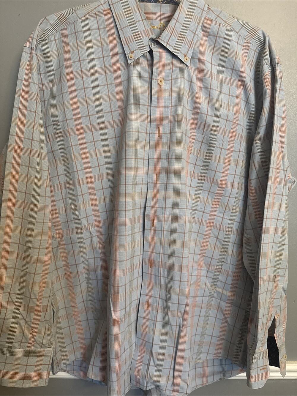 Alan Flusser Men's Large Blue Plaid Button Down Shirt 100% Cotton